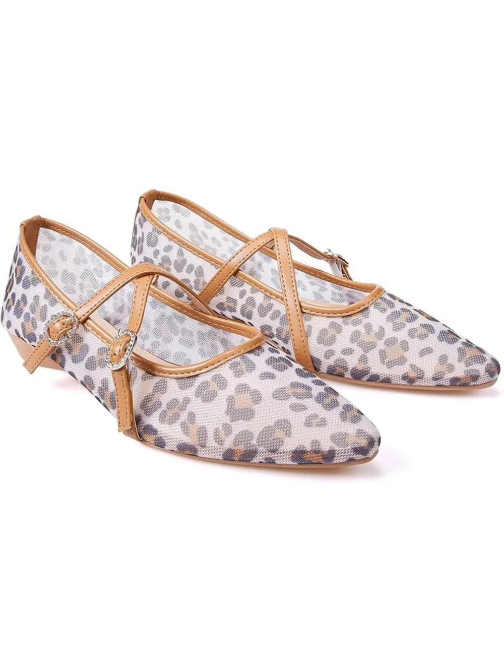 Women's Brown Leopard Mesh Flats Cross Ankle Strap Flat Slip On Comfortable - Picture 6 of 7